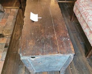 Dough box or bin on legs, old green milk paint