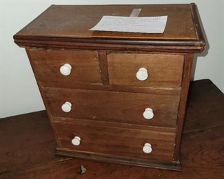New England Table top, chest of drawers, old red paint, porcelain replacement knobs
