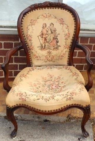 50 - French tapestry upholstered carved arm chair 36 x 25 1/2 x 19 1/2
