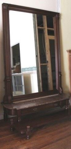 56 - Victorian walnut chocolate marble base pier mirror 2 Part base 95 (plus second part of base) x 65 x 19 1/2
