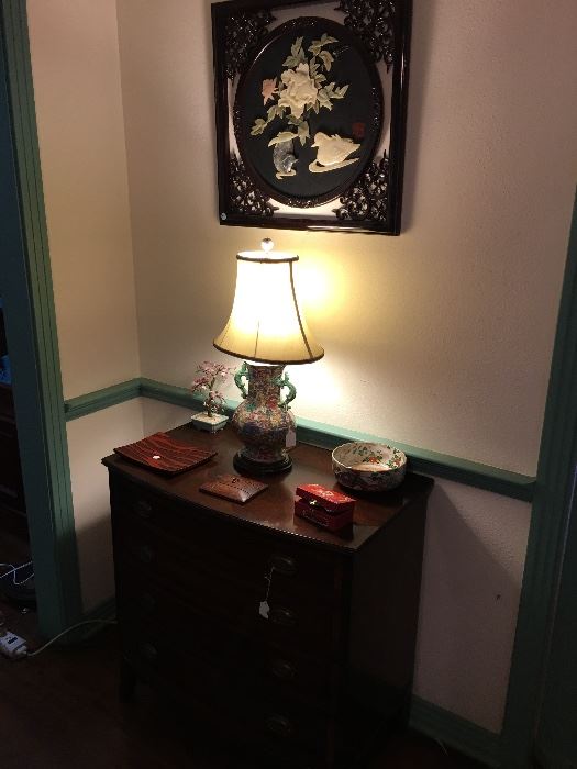 Chest, oriental lamp, jade picture