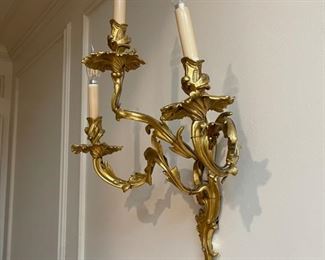 (1 of 2) 19th Century elaborate and imposing gilded bronze sconces. Acanthus scrollwork detailed asymetric form, cast and hand chiseled by Gardener's Antiques. Appraised at $10,00 for both in 2008. From Princeton NJ. Circa 1910.