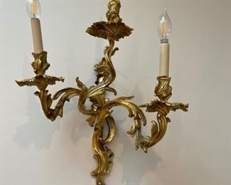(1 of 2) 19th Century elaborate and imposing gilded bronze sconces. Acanthus scrollwork detailed asymetric form, cast and hand chiseled by Gardener's Antiques. Appraised at $10,00 for both in 2008. From Princeton NJ. Circa 1910.