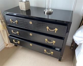 Ralph Lauren bedroom side tables black 48 inches long 28 inches deep and 35 inches height two of them.  They are from Ralph Lauren Brookside crocodile embossed leather it brings and opulence to a home. Small end tables are listed $7995.00 check the photo