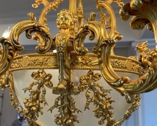 1910 Dining room chandelier from France Neoclassic french empire ornate gilded bronze and glass chandelier. Appraised at $10,000 in 2008. 34 inches wide. Origin: France.
