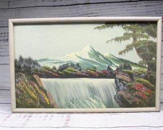 Vintage Hand Painted Mounted Board of a Mountain Scenery