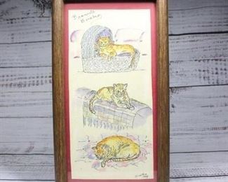 Vintage Framed Artwork of a Cat with Artist Signature