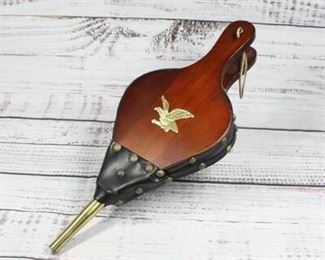 Antique Wood and Leather Fireplace Bellow with Brass Eagle