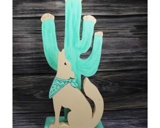Vintage Hand Painted Wood Dog Coyote Wolf Howling with Cactus Home Decor