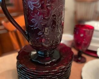 Ruby glass pitcher & 12 plates
