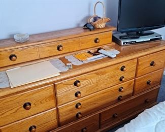Oak Long Dresser with Jewelry Chest on Top; DVD Player; Small Flat Screen TV