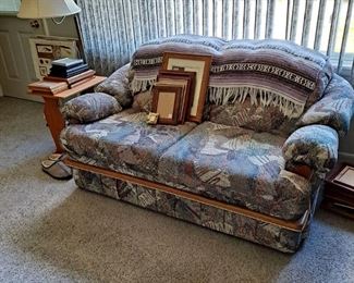 Vintage Love Seat with Matching Pieces; Picture Frames; Throws; Narrow End Table with Pole Lamp Attached