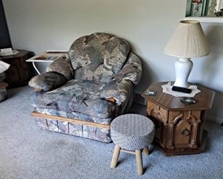 Vintage Matching Casual Chair; Pair of 6-Sided Cabinet End Tables; Table Lamps and Foot Stool