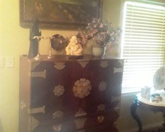 Asian Chest with Detailed Brass Hinges and Hardware Jade Tree