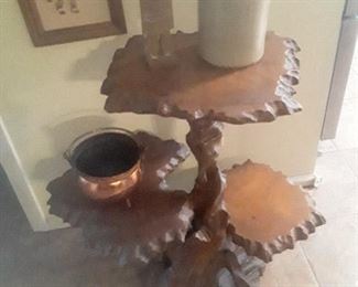 Natural Wood shelf/Table  Stoneware jug