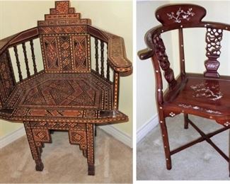 Corner Chairs.  Inlaid wood and mother of pearl