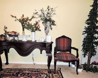 Mahogany entry table and chair.  Capadimonte Long Stem Roses.  Christmas Trees