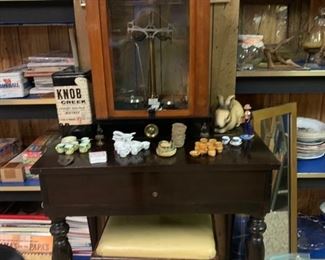 Small antique writing desk and scale