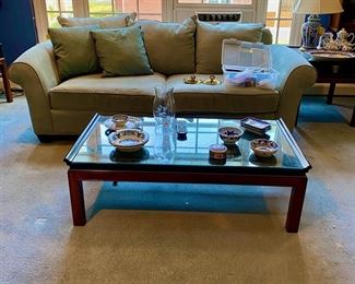 Light blue sofa (color much richer in person!) & Drexel coffee table w/protective glass
