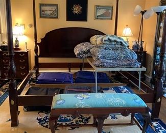 Mahogany King Size Poster bed - Chippendale style upholstered bench