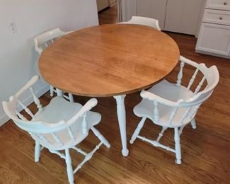 $100, White and Maple Dining table w/4 chairs, 2 leaves(not pictured)