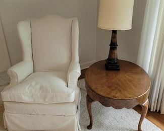$75, White armchair, great condition. $60 Oval table by Baker furniture