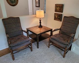 $75 ea (2) excellent condition woven  & wood armchairs. $45,Square end table with pull-out Shelf