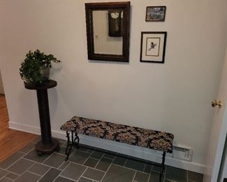 $40 Mahogany plant stand,  SOLD- Upholstered Wrought Iron leg bench, Mirror 