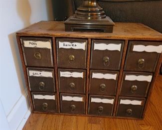 $50, Antique Cabinet with Cubbies & Bins( heavy paperboard w/ metal edges and handles)