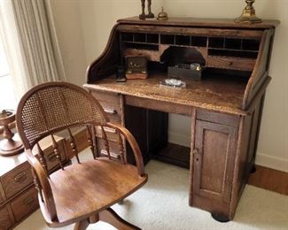 20% off $200-  Beautiful Antique Roll Top Desk, $ 80 Cane desk chair