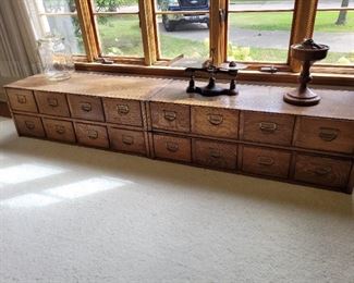 Antique Oak Card Catalog.  (2) 2pc Long 4 drawer sections, can stack all. $300 for ea. 2pc section