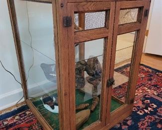 $150, Antique Oak display case with screening, glass top and shelves. 32.5"h x 24"w x  25 "l