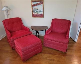 $40 ea (2) Red Velour Chair swivel Rocker $25  Red velour ottoman.   $5, Sm. Gate leg table (as is), $30, Floor lamp