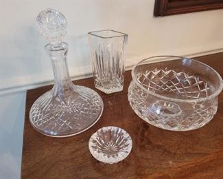 Waterford crystal:   $80 Decanter, $40 Footed bowl, $20 Vase, SOLD- Ash tray