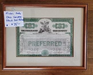 $75, Fisher Body Ohio company preferred stock certificate professionally framed. 100 shares