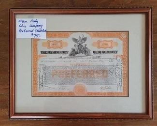 $75, Fisher Body Ohio company preferred stock certificate professionally framed. 20 shares