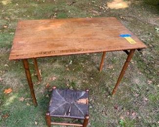 Antique sewing table, rush seat stool