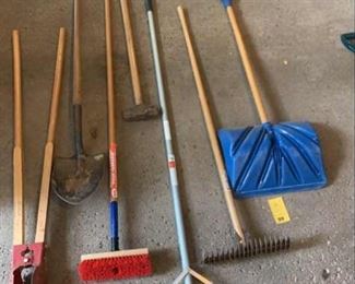 Lawn and garden tools, post hole digger, landscape rake, snow shovel, shovel, sledge hammer