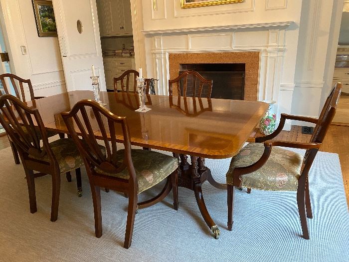 Baker Furniture Double Pedestal Table with Inlaid Wood and Brass Claw feet with castors
