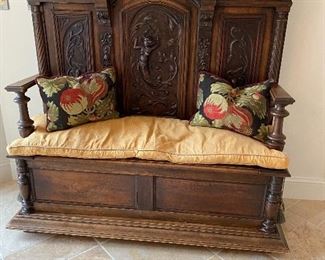 Antique Oak Carved Tall Bench with Mermaid