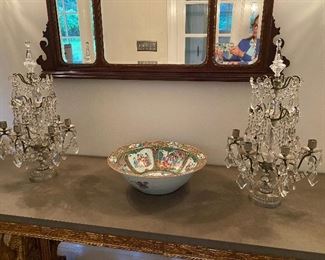 Pair of Exquisite Candelabras and Asian Bowl