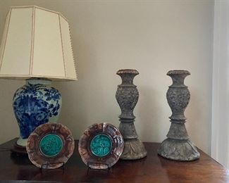 Flow Blue Lamp (1 of pair), French Rubelle Majolica Ceramic Plates, Candle holders