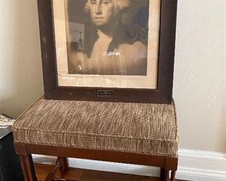 Old Framed Picture on Upholstered Bench