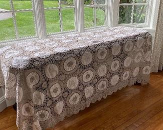 Handmade crochet and linen table cloth