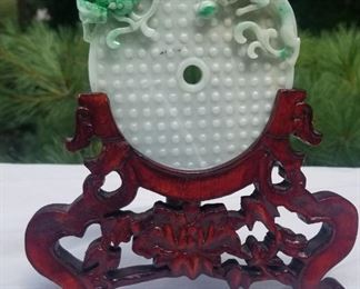 Carved Dragon Jade Disk with Rosewood Presentation Stand