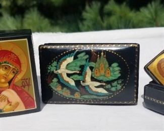 Collection of 3 Petite Russian Lacquer Boxes Featuring Icon Images