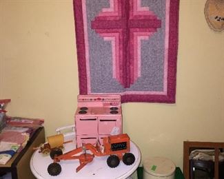 Vintage toys. And handmade wall hanging also comes with metal hanging rack. 