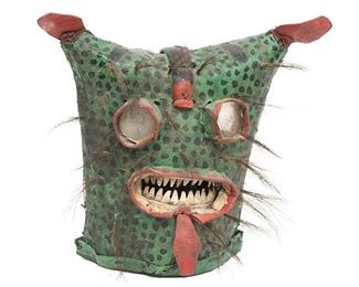 19th C. Mexican Folk Art Tigre Mask, also called "Tigre Guerrero" battle helmet, in the manner of Guerrero school
