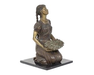 C. Bautista, girl holding flowers, bronze on marble base