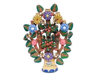 20th C. Arbol de la Vida Pottery Candelabra, Mexican folk art Tree of Life pottery candelabra, having colorful figural accents, Biblical motif, circa 1940s